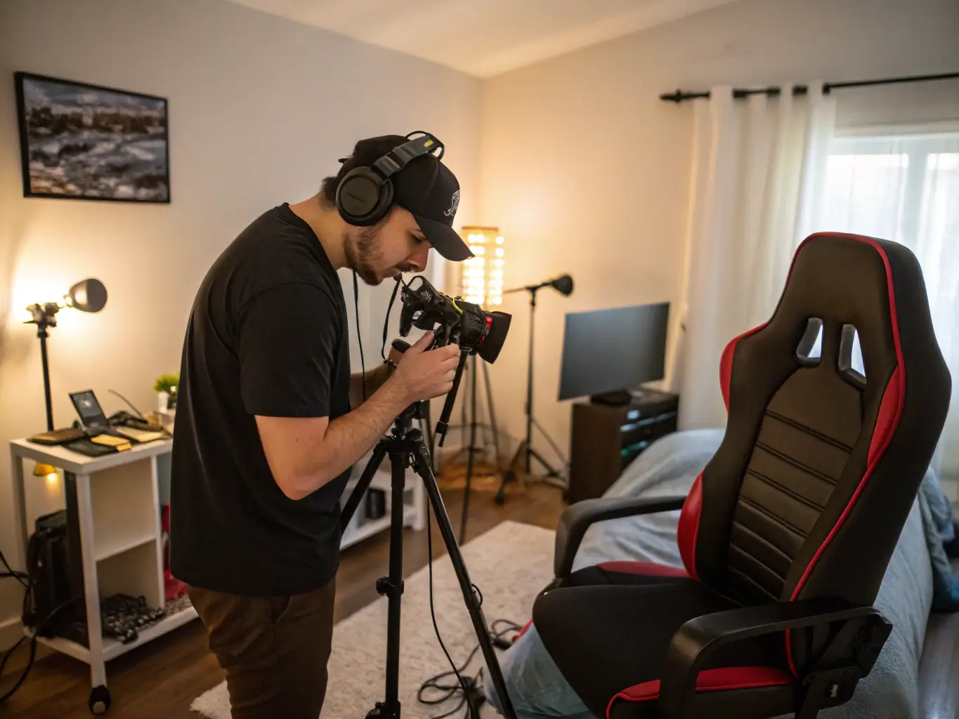 A professional image of a streamer with high-quality branding elements, including logo, overlays, and social media assets, representing branding services.