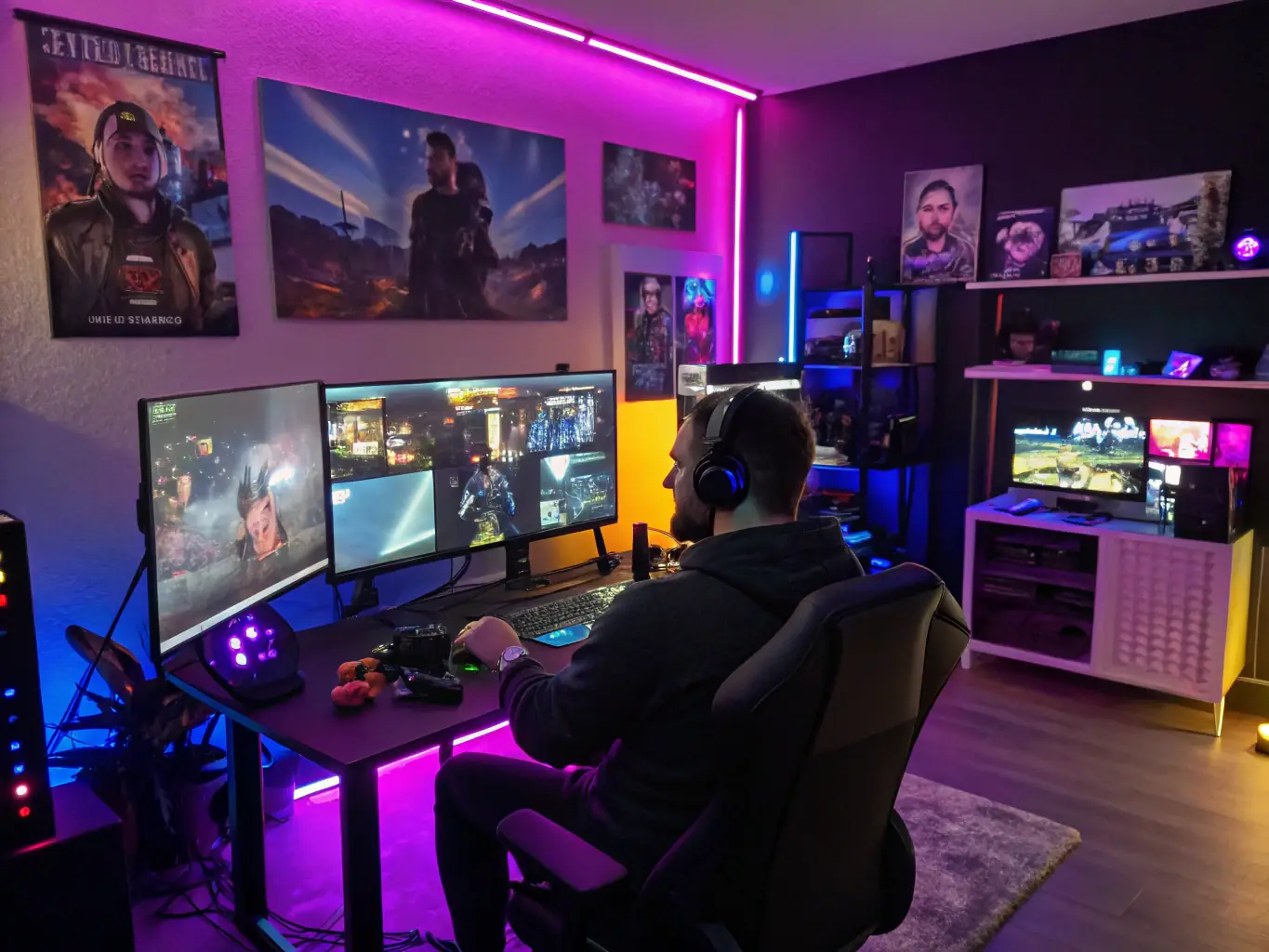 An energetic image of a streamer with a growing follower count overlay, vibrant and modern aesthetic, representing social media growth services.