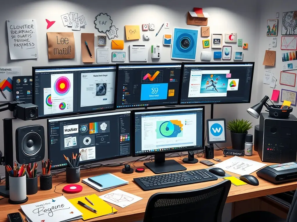 A dynamic image featuring various content creation tools and software interfaces, symbolizing the creative process and technical expertise involved in producing high-quality content.